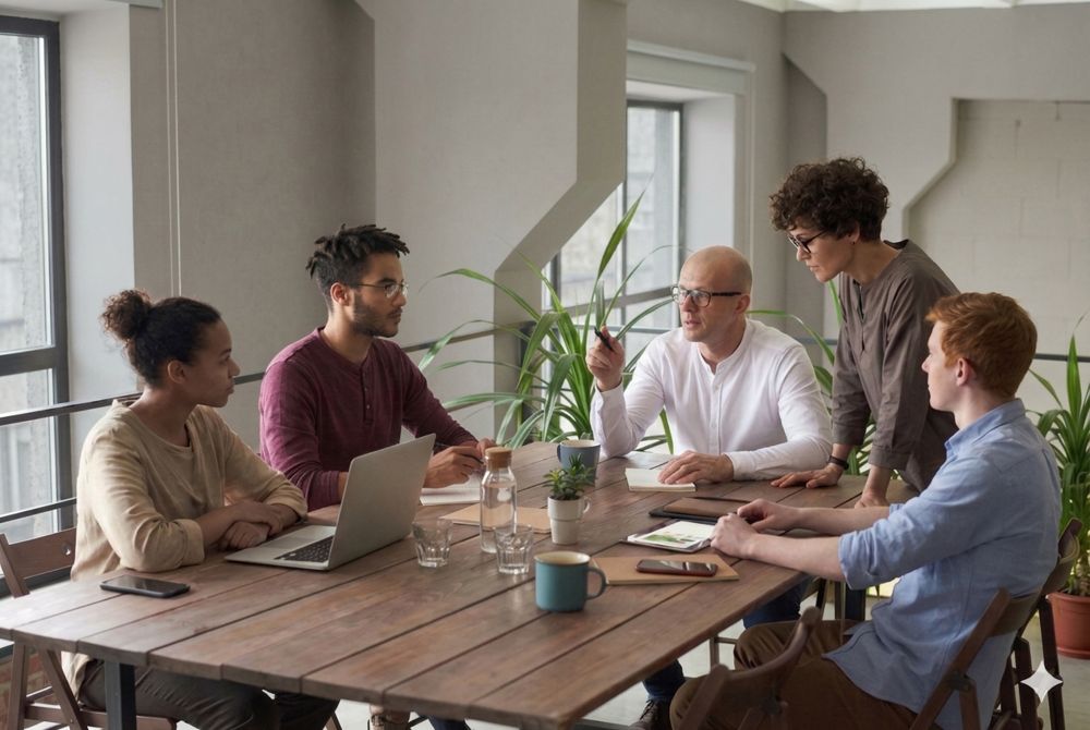A brokerage team working together around a table